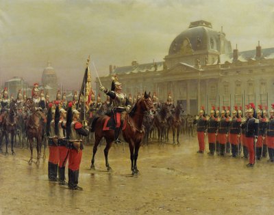 El coronel de La Rochetulon presentando a los reclutas del 6º de Caballería el estandarte del regimiento en enero de 1887, c.1887 de Louis Auguste Georges Loustaunau